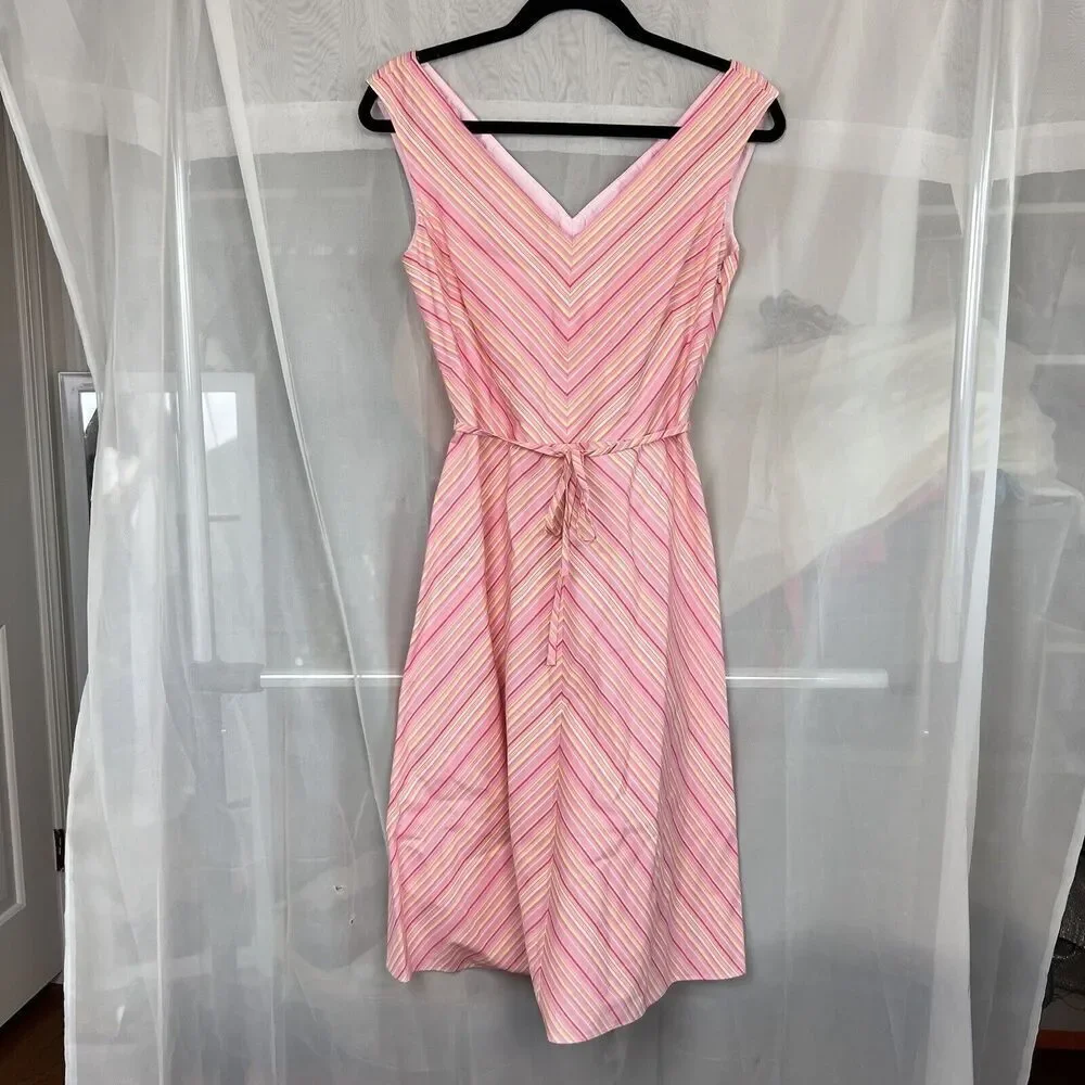 London Times striped midi dress size 4 waist tie preppy classic feminine pink - Picture 7 of 12